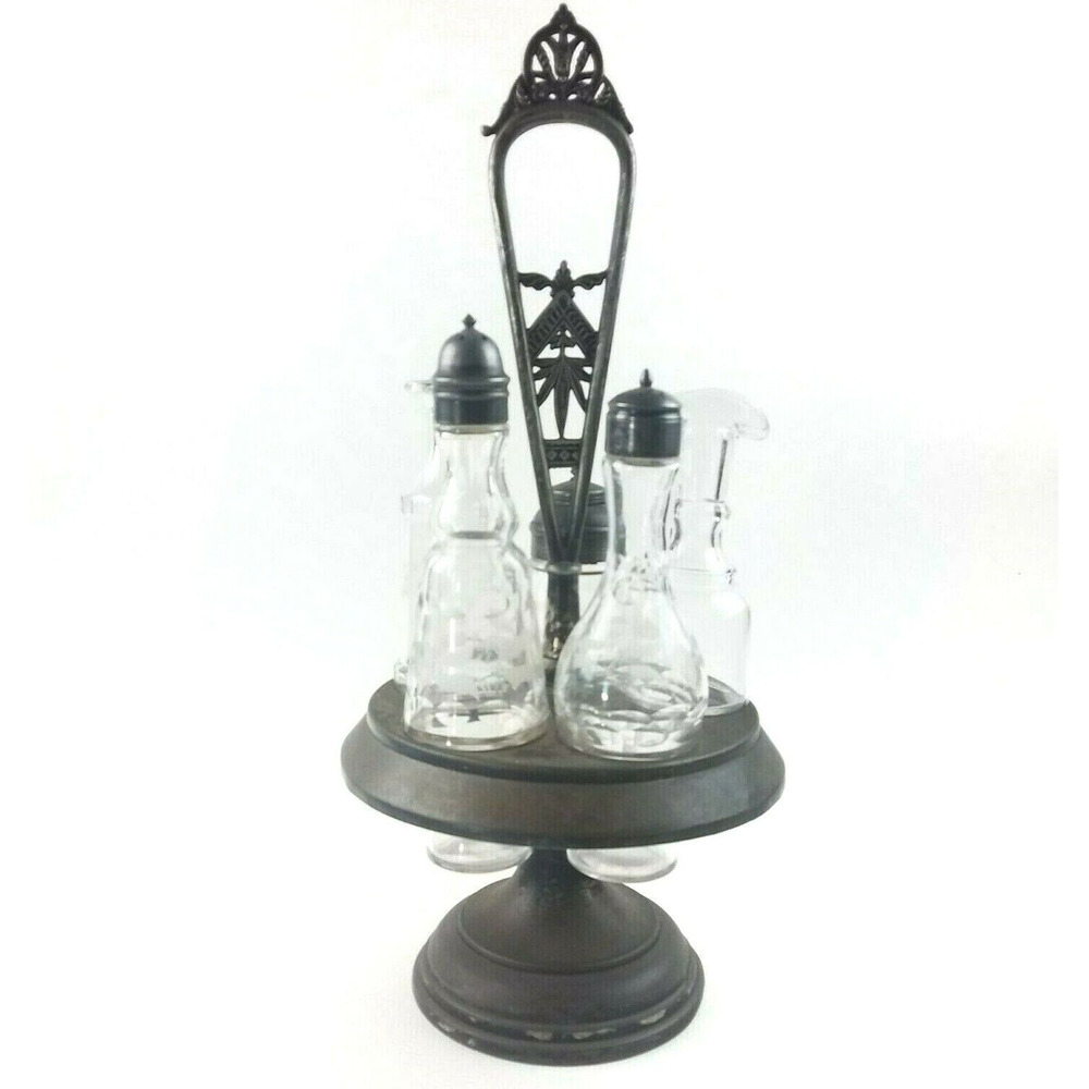 Vintage Silver Plate Cruet Condiment Caddy Set